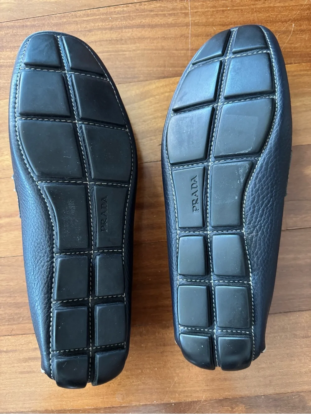 Prada Navy Blue Leather Buckle Loafers